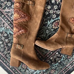 Gianni Bini Aztec Boots Knee High Embroidered Brown Leather Suede Buckle Zip 11M